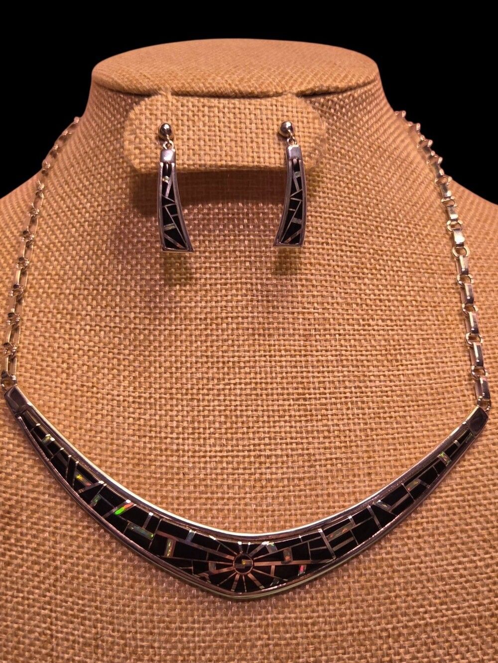Signed DDC Sterling Silver Black Onyx & Opal Mosaic Inlay Necklace Earring Set 3